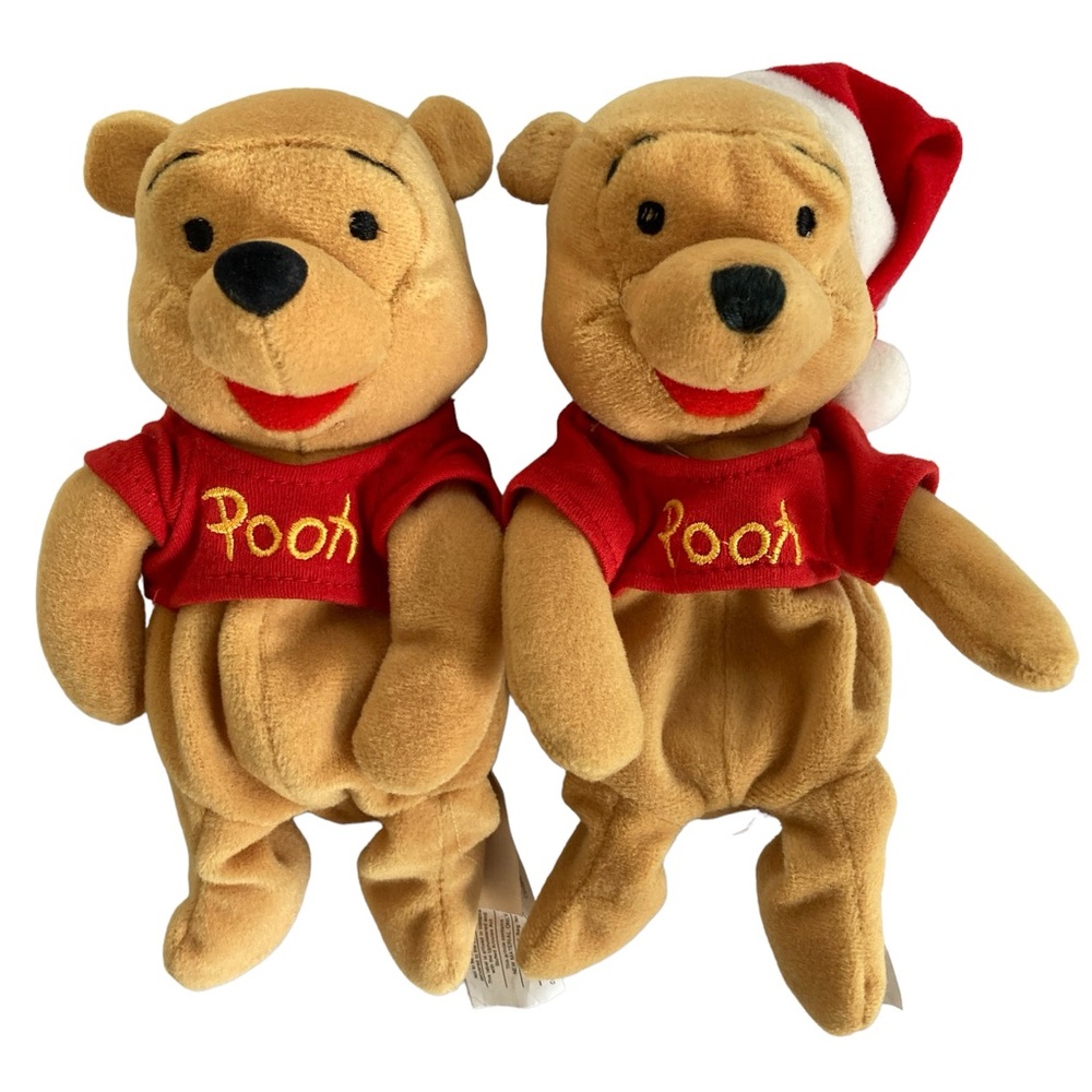 Lot - 2 Winnie the Pooh Mini 7” Beanbag Plush Santa Hat Canasa Trading